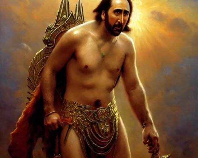 Image similar to attractive nicolas cage as a god. highly detailed painting by gaston bussiere, craig mullins, j. c. leyendecker 8 k