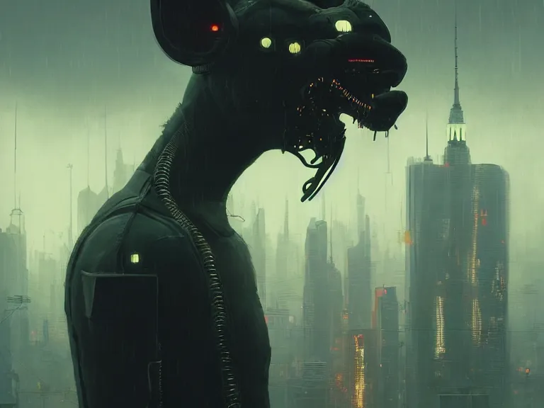 Image similar to new york city portrait of furry anthro anthropomorphic cat head animal person fursona wearing clothes strange cybernetic muzzle gloomy rainy screenshot from the video game cyberpunk 2077 digital art by Greg Rutkowski, Simon Stalenhag, christopher nolan trending on Artstation, CGSociety