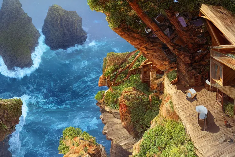 Image similar to lovely a - frame home sits atop a broad cliff, overlooking the entirety of the blue sky, digital painting by greg rutkowski and gaston bussiere, zbrush, cgsociety contest winner, comprehensive art, intricate, landscape photography, brightly radiant atmosphere, overcast sky, homogeneous to hawaii, 4 k, 8 k