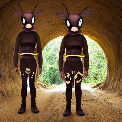 Image similar to humans wearing realistic ant costumes in an underground dirt tunnel