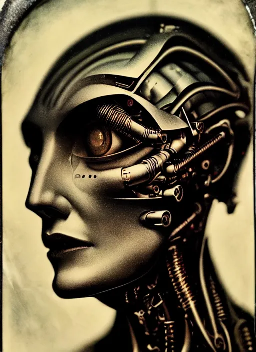 Image similar to a female cyborg profile face, by h. r. giger, by ismail inceoglu, by kiki smith, glamor shot, ambrotype, closeup, f / 2. 8, low contrast, 1 6 k, rim lighting, cinematic lighting, insanely detailed and intricate, hypermaximalist, elegant, ornate, hyper realistic, super detailed