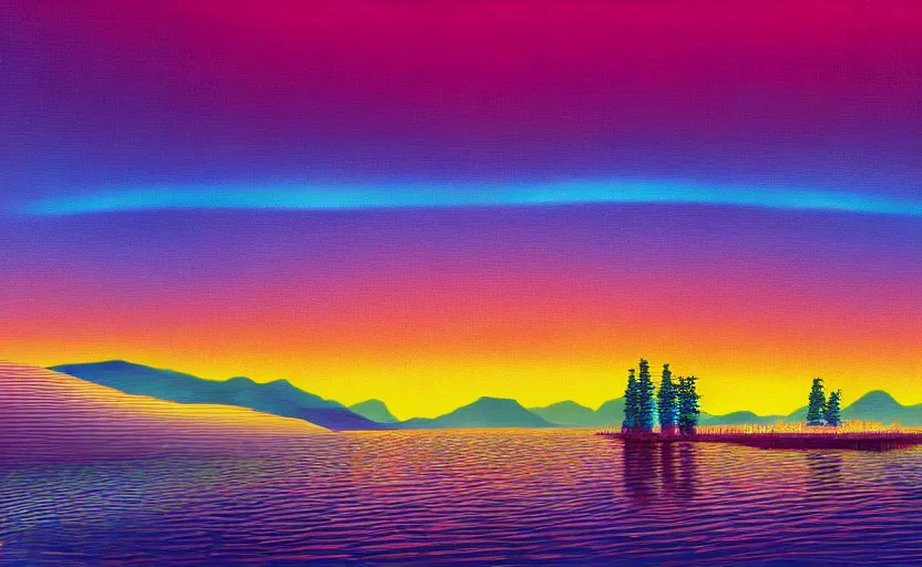 Image similar to beautiful award winning synthwave painting of a canadian lake, extreme detail, digital art, 4 k, ultra hd