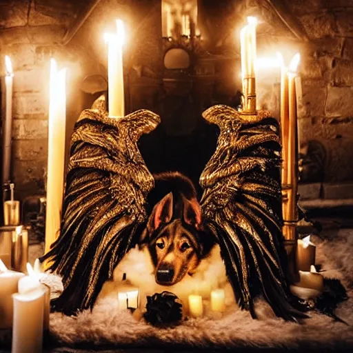 Image similar to gothic ritual with many golden candles, german shepherd with dragon wings in gothic makeup performing ritual, gloomy, candlelight, intricate detail faces, fireplace wide angle shot photograph