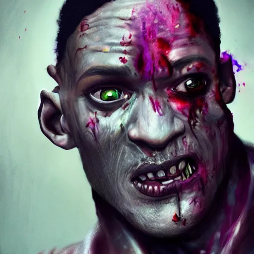 Image similar to a zombie Will Smith, by WLOP, horror, wounds, bloody, dark fantasy, trending on artstation