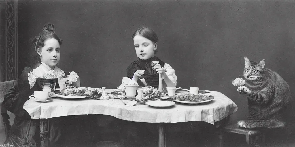 Image similar to a girl has breakfast with her cat at the table filled with food, flowery wallpaper, 1 8 8 0 s style, professional photography