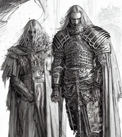 Image similar to long blond hair man in armor with another man with long blong hair tyed up with black robes, pen and ink, intricate line drawings, by craig mullins, ruan jia, kentaro miura, greg rutkowski, loundraw