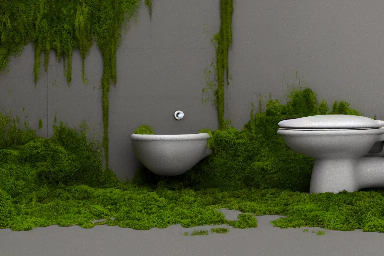 Prompt: a messy toilet with a washbasin with moss, trending on artstation, mixed media, octane rendering