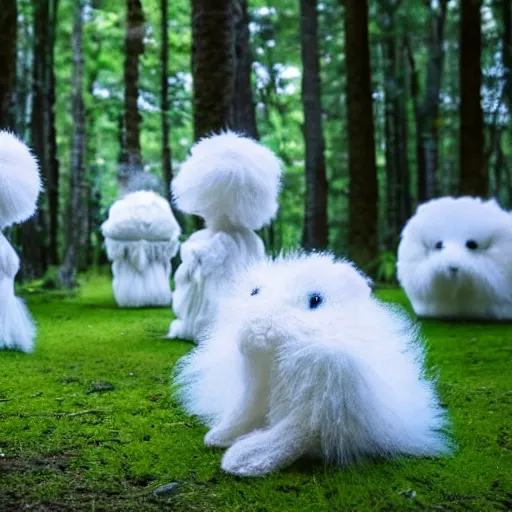 Prompt: Fluffy forest creatures made of glass, standing in a circle in the middle of the forest preforming a summoning ritual, dark arts, devil, ultrarealistic, 8k