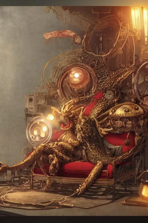 Image similar to anime style movie illustration, old sick gold and crimsoned scaled asian dragon on a steam punk couch with wires and gears and steam punk apparatus, artstation, matte painting, style of studio ghibli, featured in artstation and artgerm and pixiv, award winning, cinematic, elegant, intricate, 8 k