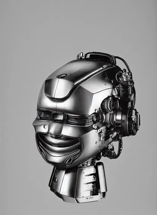 Image similar to a portrait photograph of a robot head designed by Kehinde Wiley, 35mm, pentax, studio