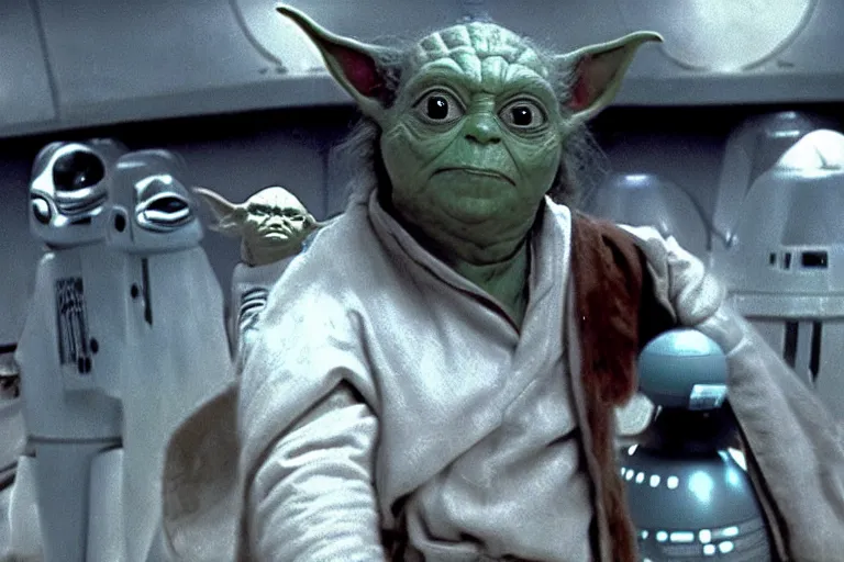 Prompt: A movie shot from Star Wars The Empire Strikes Back on Yoda's planet, The Dude from The Big Lebowski using the force on 9 bowling balls making them levitate around him