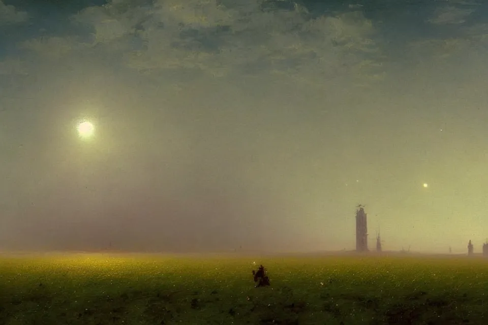 Image similar to sci-fi painting of a large alien city on the vast wheat fields, the closed back view of one humanoid robot on the ground, by Ivan Aivazovsky, godrays, detailed