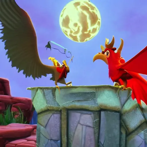 Prompt: screenshot of a humanoid gryphon bard with a red coat as an enemy in spyro the dragon video game, with playstation 1 graphics, activision blizzard, upscaled to high resolution