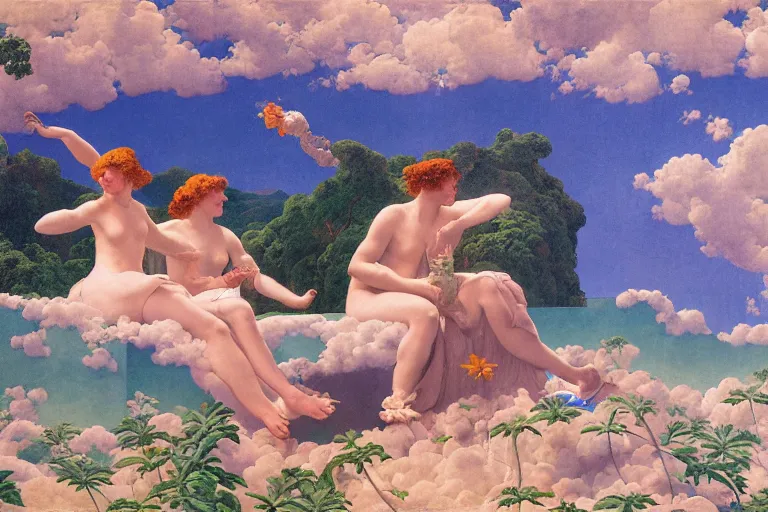 Prompt: painting of the paradise, clouds, chill, romantic, by ludwig deutsch and maxfield parrish, patterned tilework, extremely detailed, cinematic lighting, smooth sharp focus