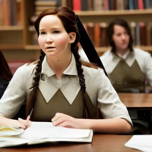 Image similar to Katniss Everdeen as a student, in an exam hall, sitting at a desk, doing her A-Level exams, stock photo