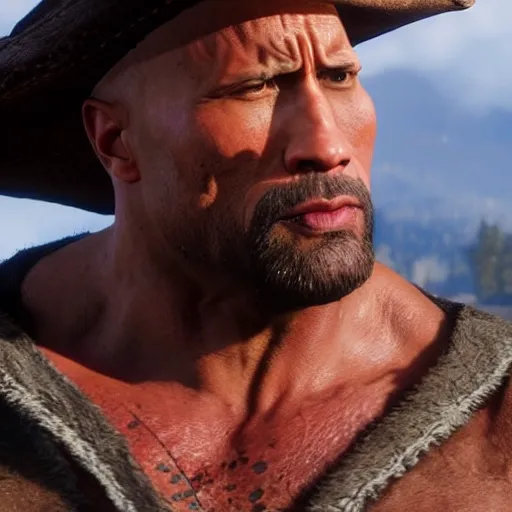 Image similar to High-quality screenshot of Dwayne The Rock Johnson in Red Dead Redemption 2, 8k cgsociety artstation