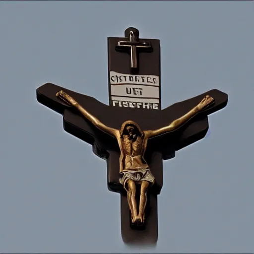 Image similar to jesus crucifixes on top of a fighter jet