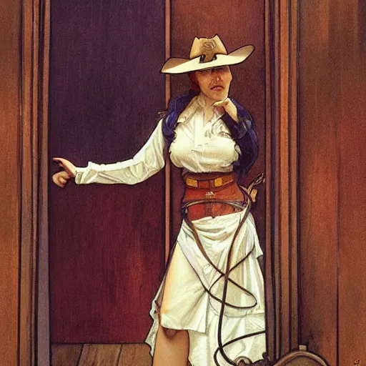 Image similar to painting of cowgirl leaning up against the door frame of saloon with one thumb hooked on belt loop art by artgerm and greg rutkowski and alphonse mucha