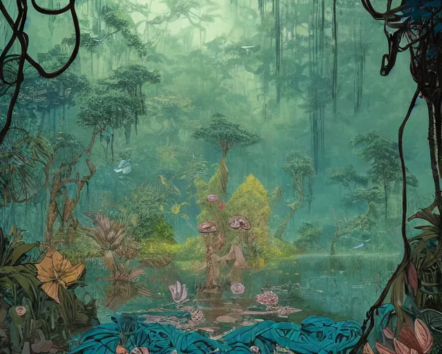 Image similar to a painting of a jungle river in a forest, a photorealistic painting by james jean, behance contest winner, fantasy art, made of vines, concept art, 2 d game art by victo ngai, geof darrow, peter mohrbacher, johfra bosschart, miho hirano