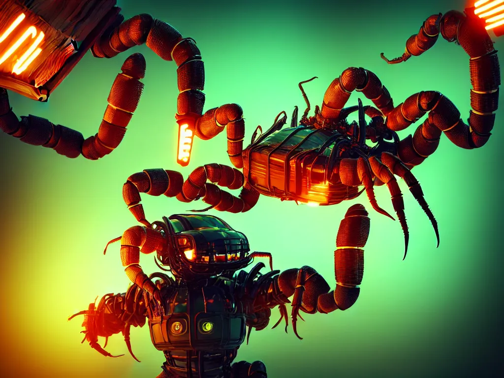 Prompt: A frightening gigantic evil robot scorpion devouring books with pipes and tubes and wires, hyperealistic very colourful hdr cinematic lighting cgi render photorealistic cinematic octane render