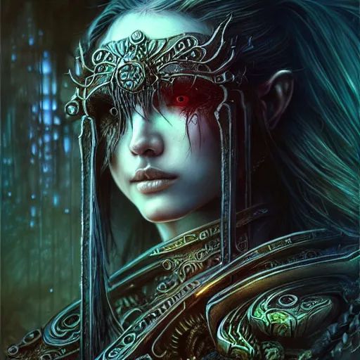 Image similar to a highly detailed long shot photo of chthonic warcraft female character by ayami kojima, beksinski, giger, intricate, digital painting, artstation, intricate, concept art, smooth, sharp focus, illustration