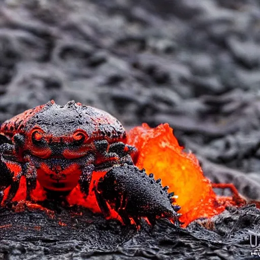 Prompt: a lava lobster covered in lava, oozing lava, dripping lava, puddles of lava, found on a volcano, wildlife photography