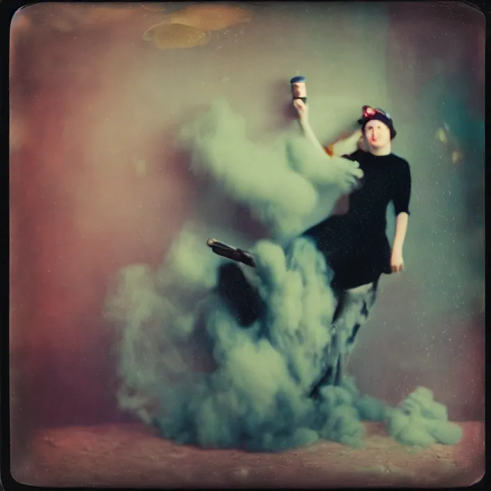 Image similar to kodak portra 4 0 0, wetplate, muted colours, blueberry, 1 9 1 0 s style, motion blur, portrait photo of a backdrop, explosions, rockets, sparkling, arcane's jinx, aka powder, by georges melies and by britt marling