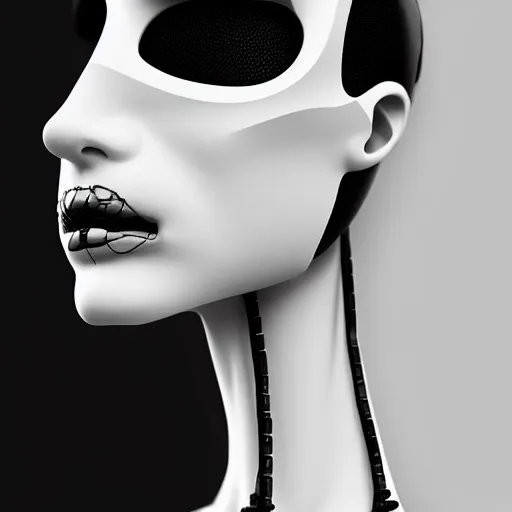 Image similar to black and white dreamy foggy smoky profile face portrait, single skeletal biomechanical beautiful young female cyclops - cyborg - robot bust, body ribs meshes, ray - traced, volumetric light, rim light, by dora maar and cecile beaton, big gothic fashion pearl embroidered collar, 8 k