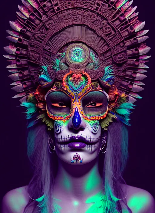 Image similar to 3 d mexican goddess profile portrait. beautiful intricate highly detailed day of the dead mask and feathers. low - key lighting, bioluminescent, plasma, lava, ice, water, wind, creature, quetzalcoatl, artwork by tooth wu and wlop and beeple and lee jeffries, 8 k trending on artstation,