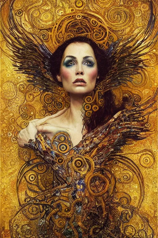 Image similar to Intermittent Chance of Chaos Muse by Karol Bak, Jean Deville, Gustav Klimt, and Vincent Van Gogh, beautiful inspiring portrait, enigma, Loki's Pet Project, destiny, Poe's Angel, fate, Surreality, inspiration, muse, otherworldly, fractal structures, arcane, ornate gilded medieval icon, third eye, spirals