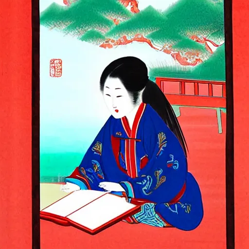 Prompt: Early in the morning, a beautiful girl with long hair bathed in the sunshine in front of the classroom window, sitting at a desk full of books, smiling at me sideways. Chinese traditional landscape painting style