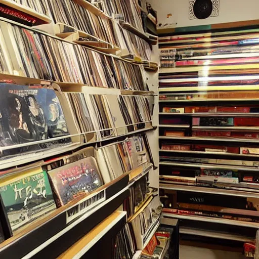 Image similar to cozy music shop, anime style, floor to ceiling shelves of vinyl LP records, large speakers and hifi equipment