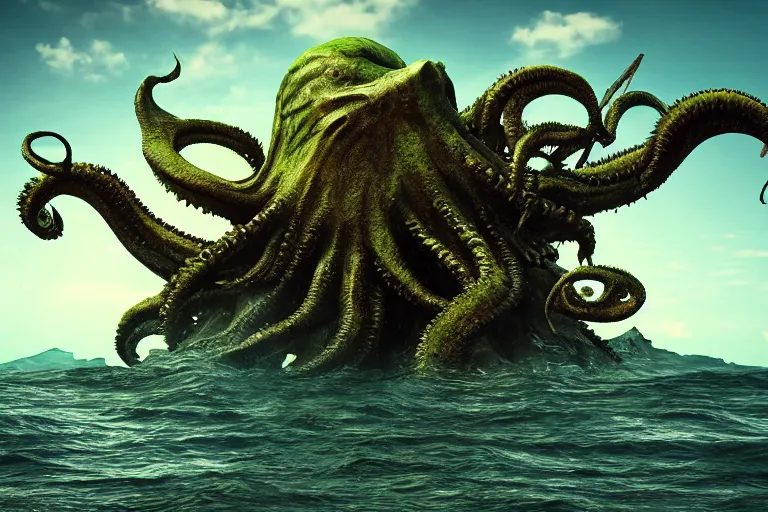 Image similar to giant Cthulhu with a parrot head, high definition, photorealistic, long shot, epic, horizon mountain over water