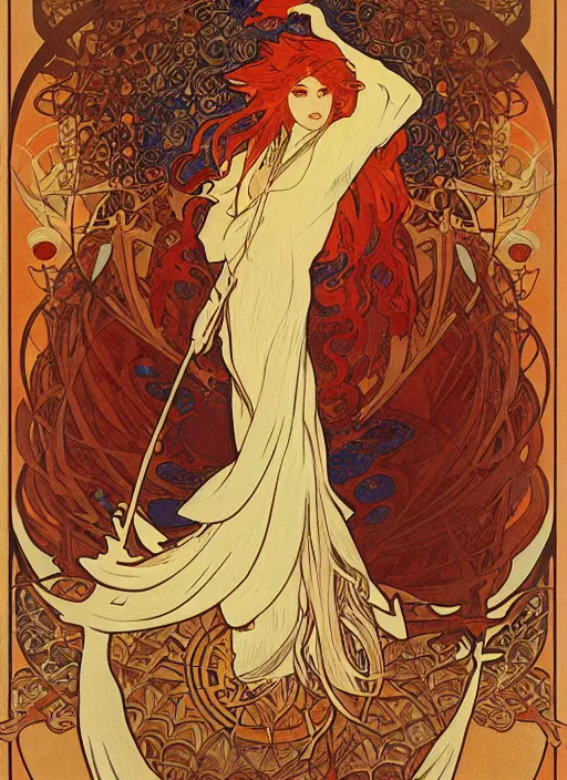 Prompt: spirit of the fox dragon in fiery tale forest in artnouve style by alphonse mucha hiroshi yoshida. artstation trending