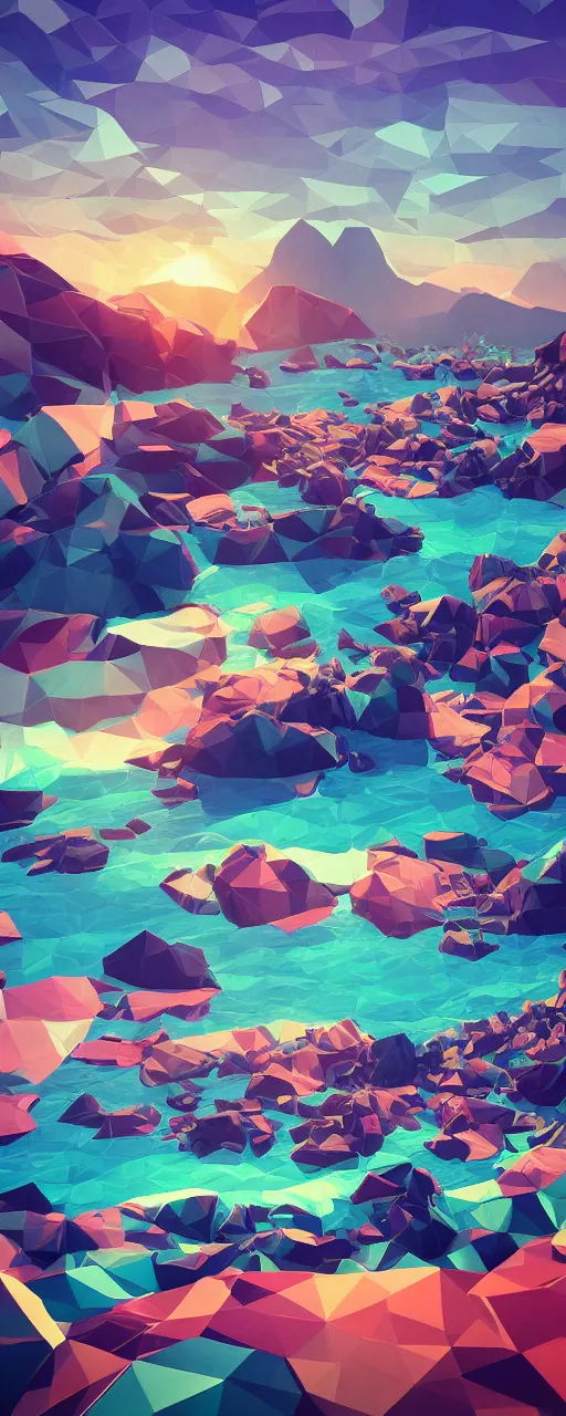 Prompt: super detailed color lowpoly art, northern sunset with rocks on front, monochrome water bay in the middle of perspective and mountains at background, graphic fishing vessels in random points, unreal engine, retrowave color palette, 3 d render, lowpoly, colorful, digital art, perspective