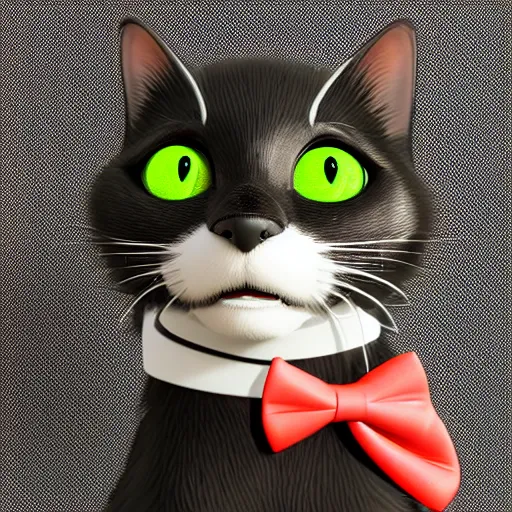 Image similar to cute black cat with white whiskers and green eyes, bowtie, high detail, rendered in octane, pixar style, studio photography