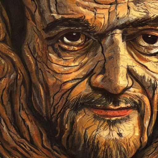 Image similar to A painting of an oak tree, with the face of an old bearded man, close up portrait of a human face made out of bark in a tree