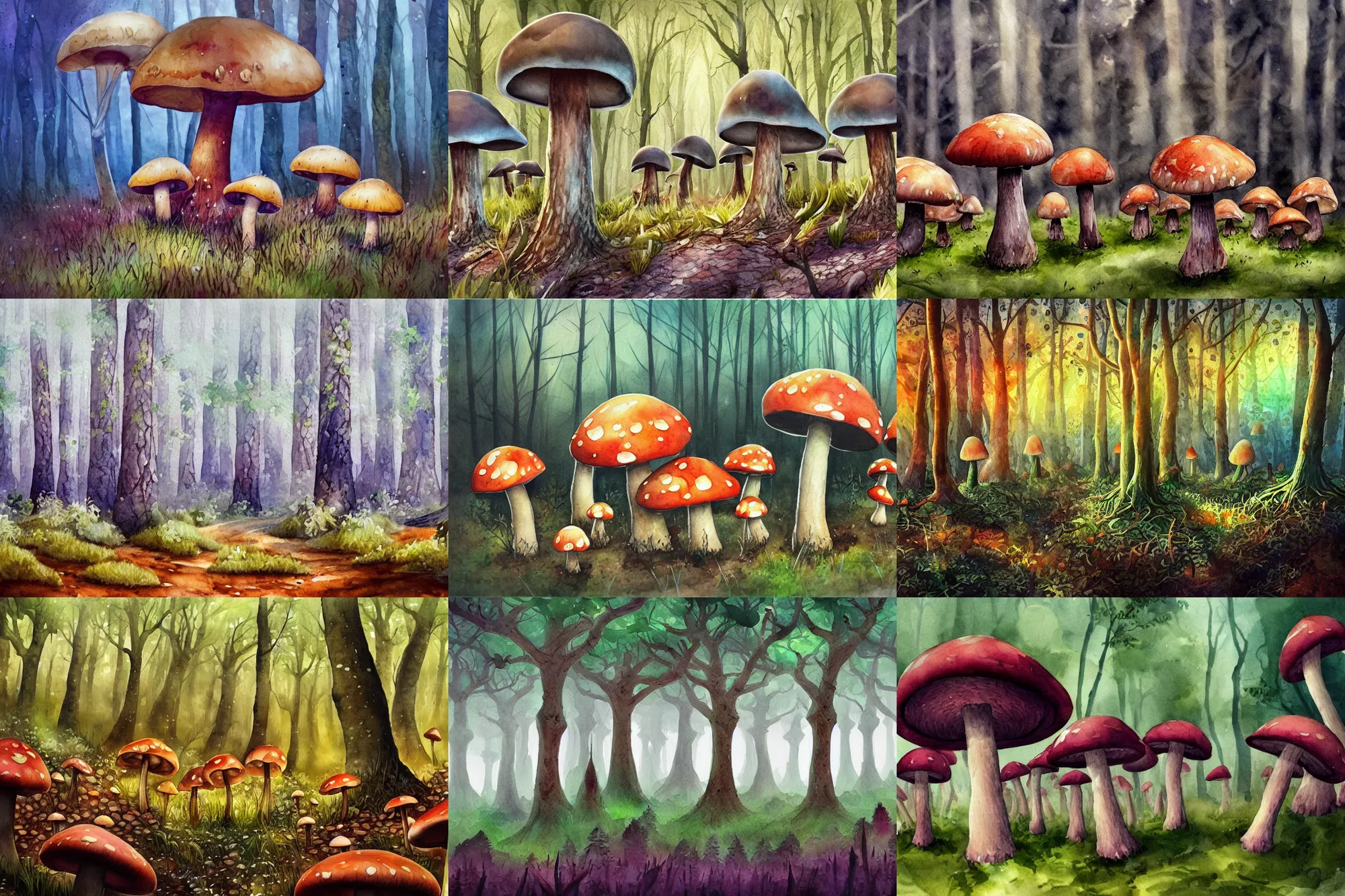 Prompt: Mushroom forest, high quality watercolors, award winning, trending on ArtStation