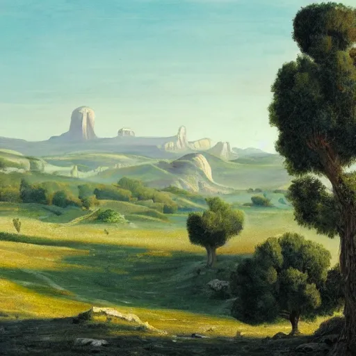 Image similar to concept art : an italian landscape in bright daylight. soft rolling hills in the foreground. in the distance a small mesa of white marble can be seen. a stone henge is standig atop the mesa