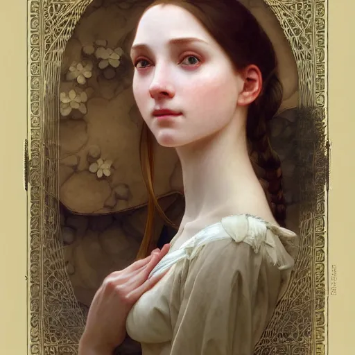 Image similar to Portrait of beautiful pale peasant girl, cinematic lighting, intricate, elegant, highly detailed, digital painting, artstation, smooth, sharp focus, illustration, art by artgerm and greg rutkowski and alphonse mucha and Wayne Barlowe and william-adolphe bouguereau