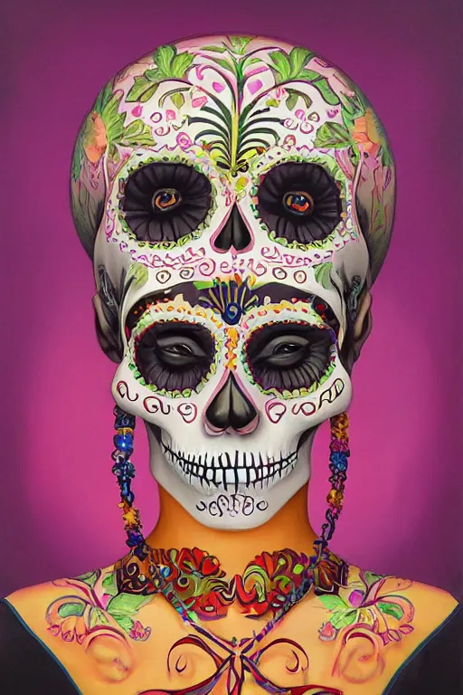 Image similar to illustration of a sugar skull day of the dead girl, art by vladimir kush