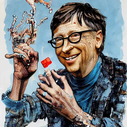 Image similar to bill gates holding a vaccine in his hand, Body horror, by Ralph Steadman