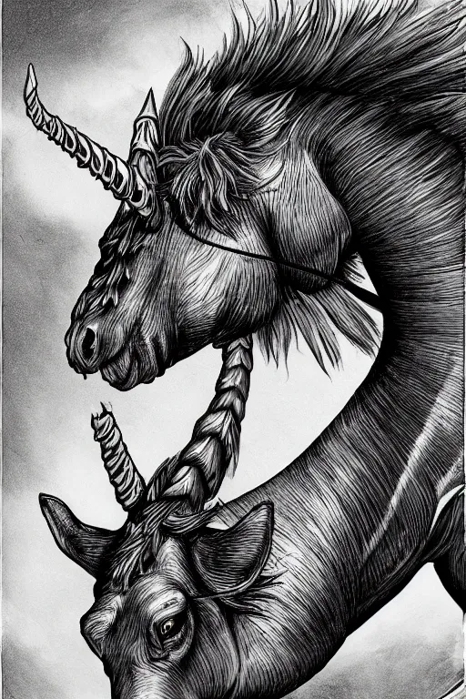 Prompt: demon horse with a narwhal horn, symmetrical, highly detailed, digital art, sharp focus, trending on art station, kentaro miura manga art style