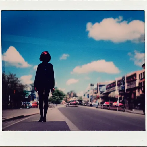 Image similar to colorful instant photograph of a woman in the middle of the street, polaroid, light leak, raw, nostalgic, daylight, blue sky, clouds