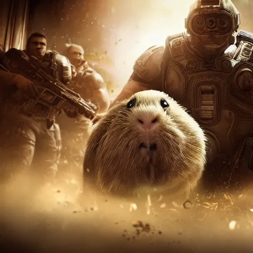 Image similar to guinea pig in gears of war, splash art, movie still, detailed face, photorealistic facial features, cinematic lighting, dramatic, octane render, long lens, shallow depth of field, bokeh, anamorphic lens flare, 8 k, hyper detailed, 3 5 mm film grain