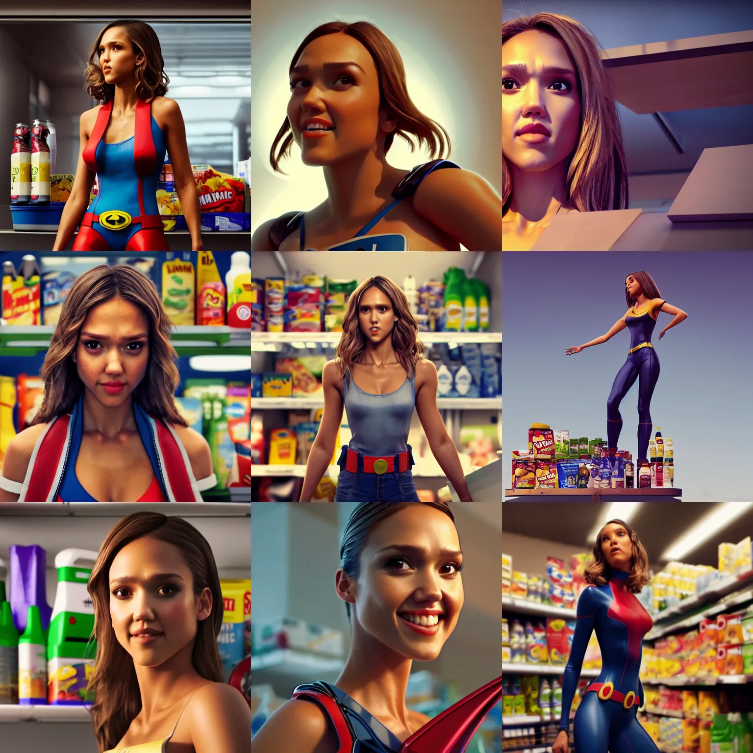 Prompt: looking up at jessica alba as marvel hero trashgirl standing atop a grocery display shelf : : octane render, artstation, weta, pixar, disney, soft, decadent, lustrous, polished : :