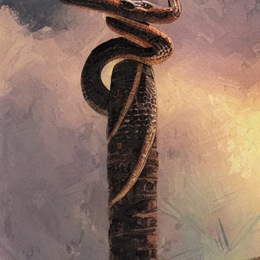 Prompt: a mummy with a snake head, bound on a totem, by greg rutkowski, in the style of magic the gathering