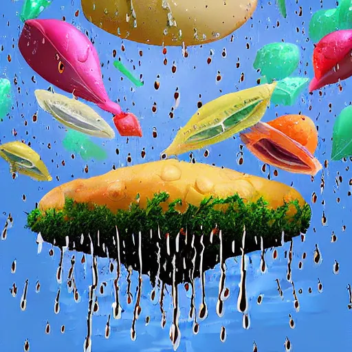 Image similar to giant food raining from the sky all over town painting realistic