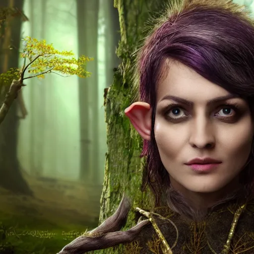 Prompt: anya charlota as a medieval fantasy wood elf, dark purplish hair tucked behind ears, wearing a green tunic with a fur lined collar and brown leather armor, wide, muscular build, scar across nose, one black, scaled arm, cinematic, character art, digital art, forest background, realistic. 4 k