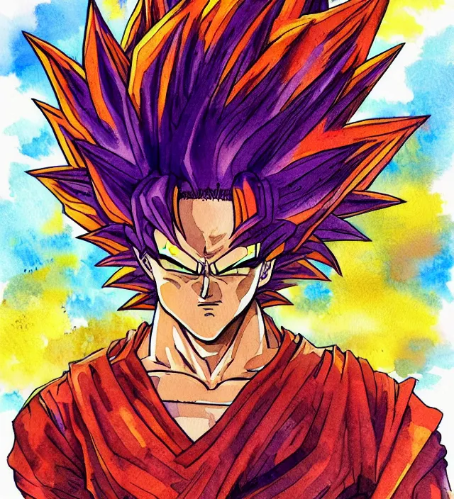 Image similar to a 3 / 4 view watercolor ink painting of super saiyan shaggy in the style of jean giraud in the style of moebius trending on artstation deviantart pinterest detailed realistic hd 8 k high resolution